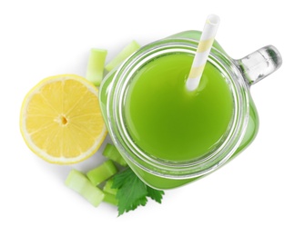 Photo of Celery juice in mason jar and fresh ingredients on white background, top view