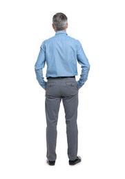 Photo of Mature businessman in stylish clothes posing on white background, back view