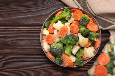 Mix of different frozen vegetables in bowl on wooden table, top view. Space for text