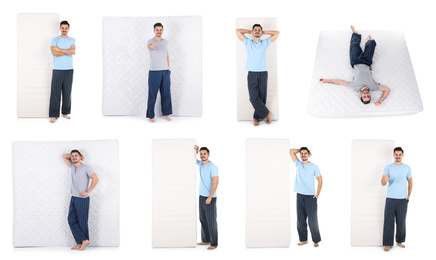 Image of Collage with photos of young men and mattresses on white background