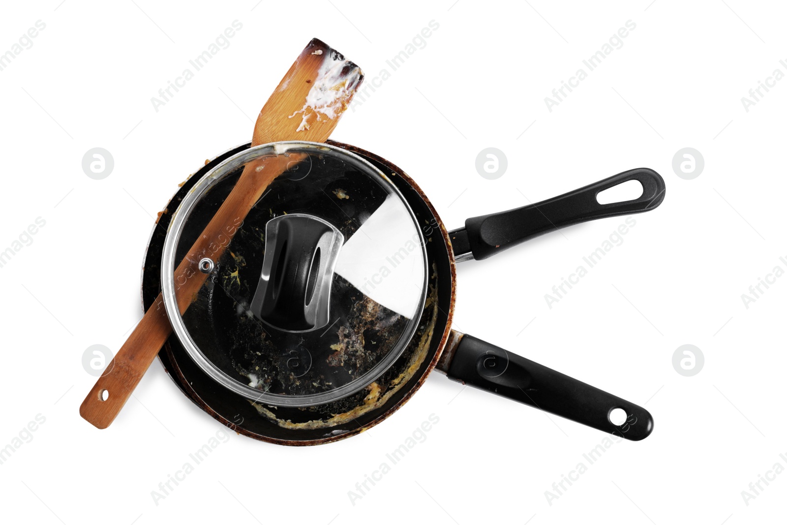 Photo of Many different dirty dishes on white background, top view