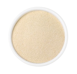 Granulated yeast in bowl on white background, top view
