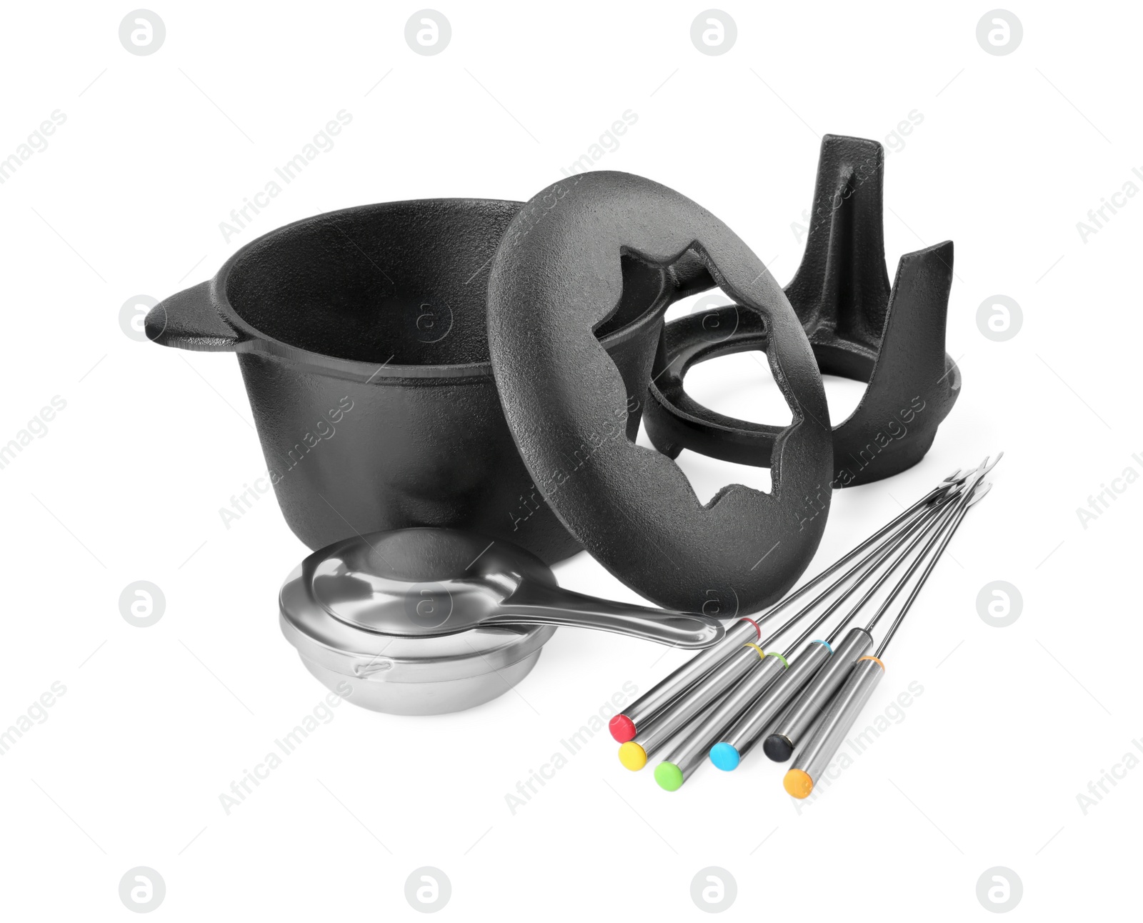 Photo of Fondue set isolated on white. Cooking utensils