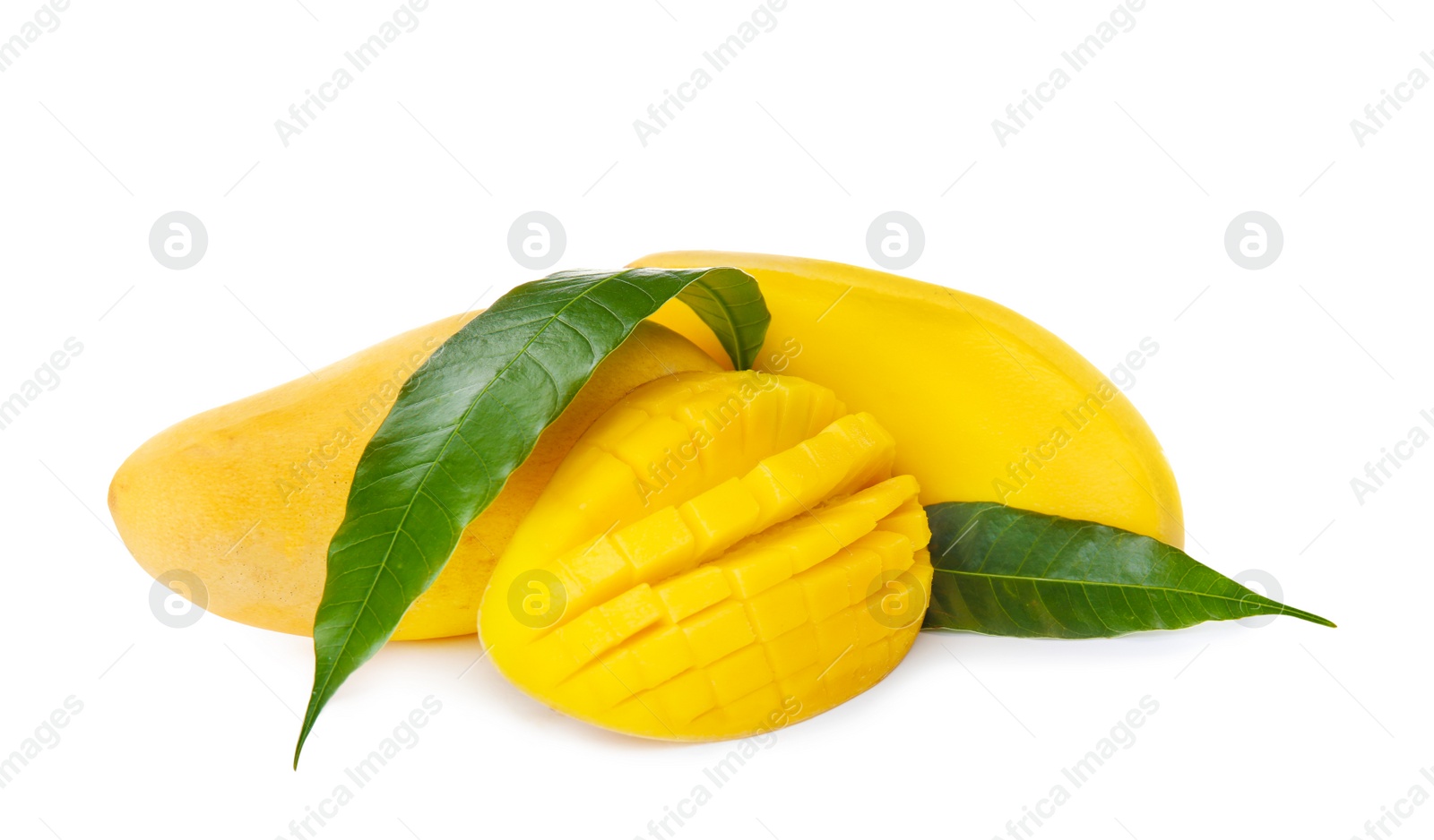 Photo of Fresh juicy mango and leaves isolated on white