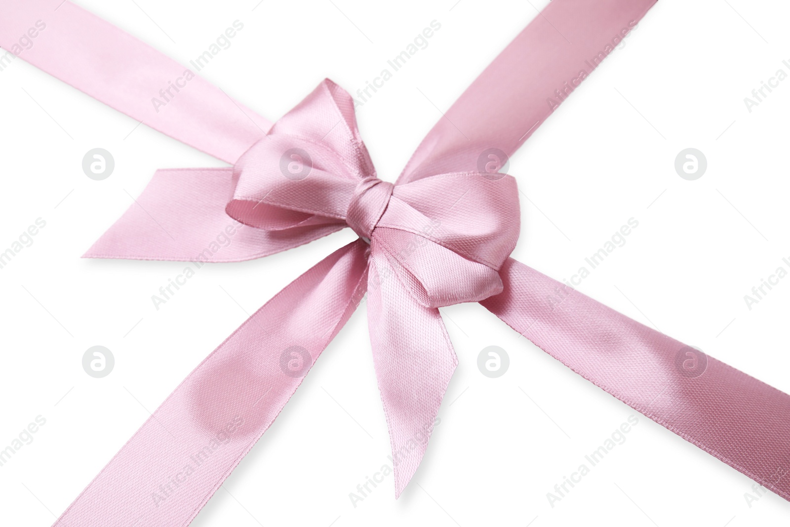 Photo of Pink satin ribbon with bow on white background