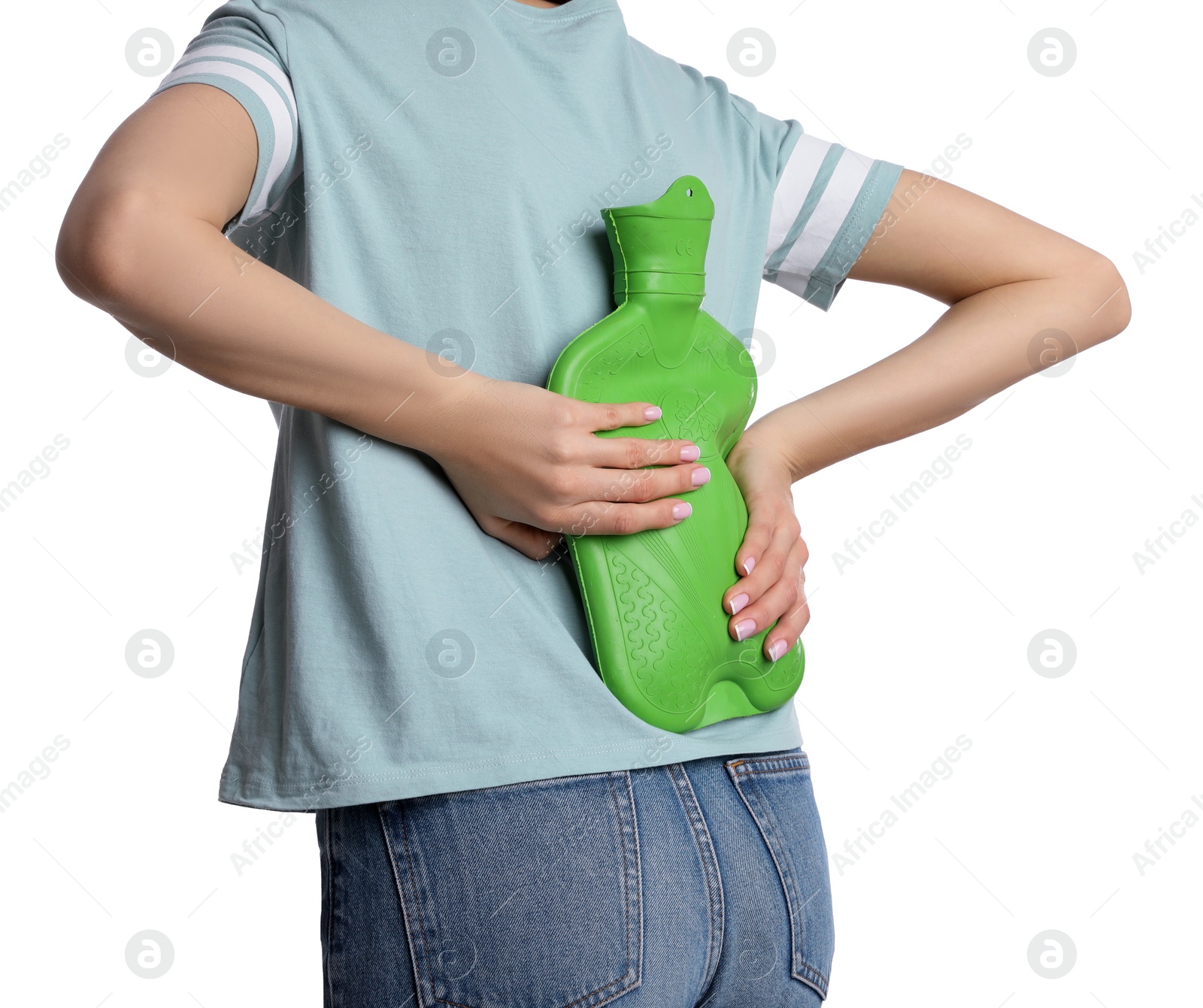 Photo of Woman using hot water bottle to relieve back pain isolated on white, closeup