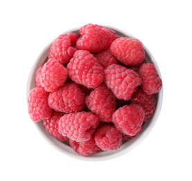 Photo of Delicious fresh ripe raspberries in bowl isolated on white, top view