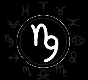 Illustration of Capricorn astrological sign and zodiac wheel on black background. Illustration 