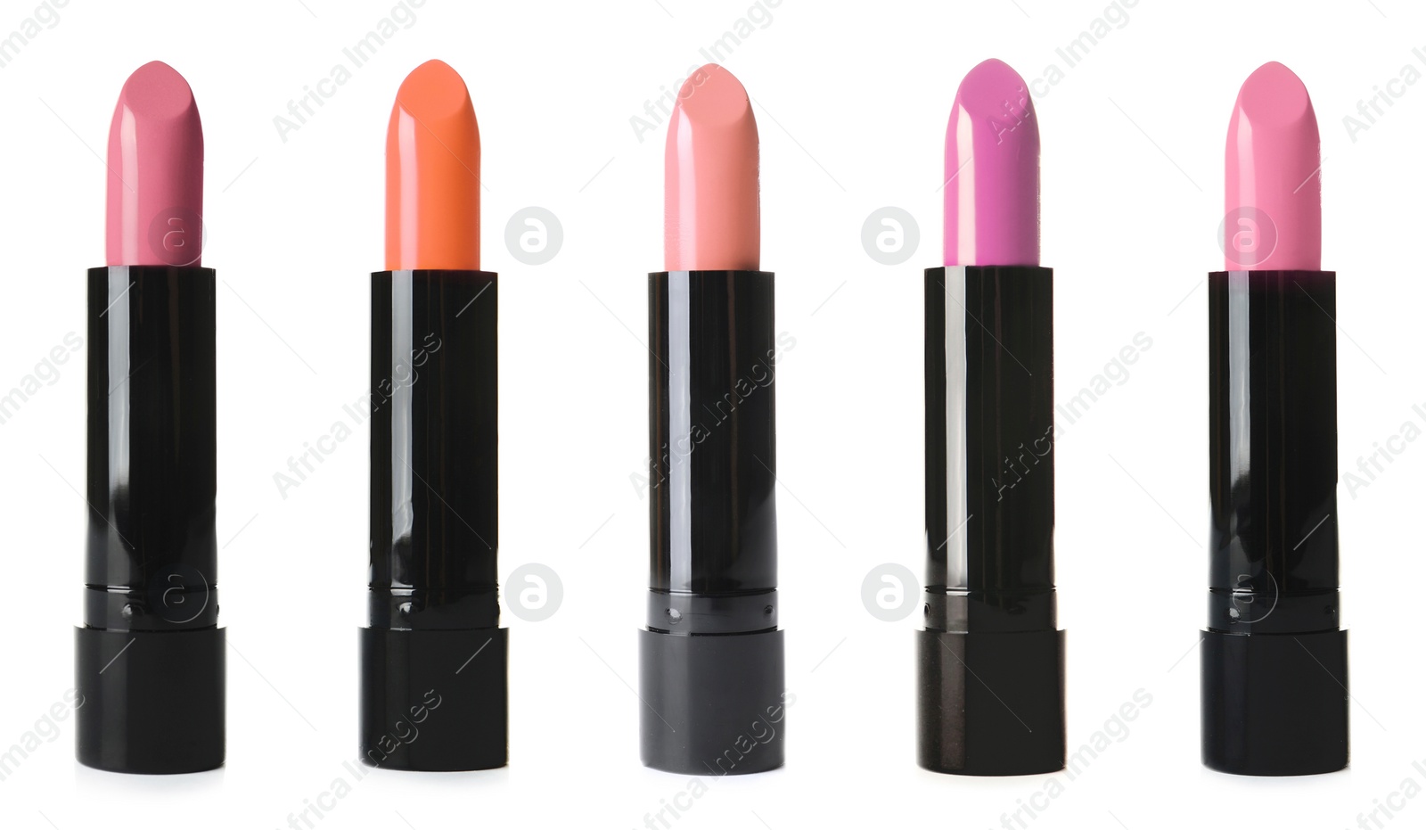 Image of Set with different lipsticks on white background