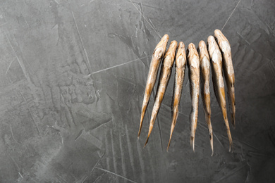 Dried fish hanging on rope against grey background, space for text