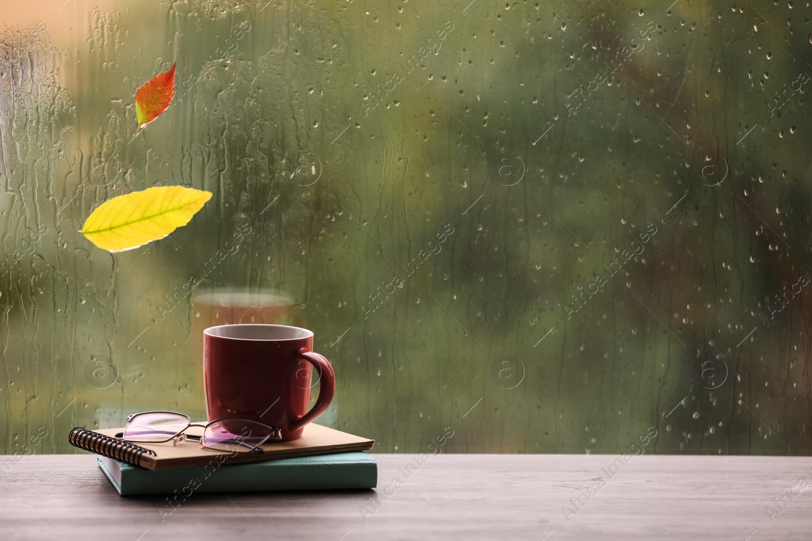 Photo of Composition with cup of drink and autumn leaf on windowsill, space for text. Rainy weather