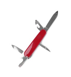 Photo of Red compact portable multitool isolated on white