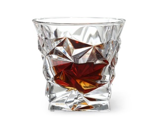 Photo of Glass of scotch whiskey on white background