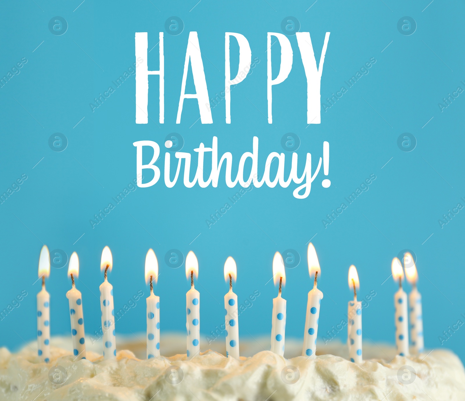 Image of Happy Birthday! Delicious cake with burning candles on light blue background 