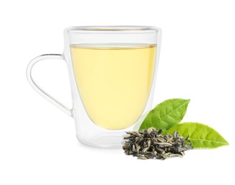 Image of Green tea in glass cup, fresh and dried leaves isolated on white