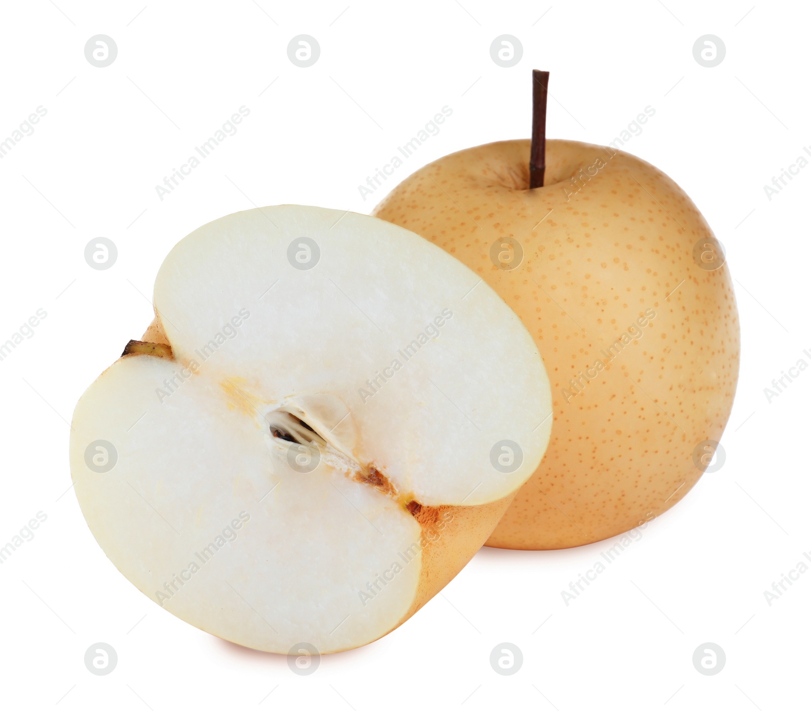 Photo of Cut and whole fresh apple pears on white background