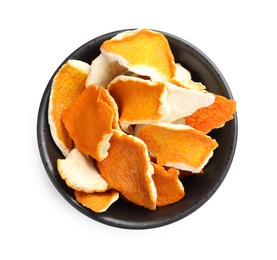 Photo of Dry orange peels in bowl isolated on white, top view