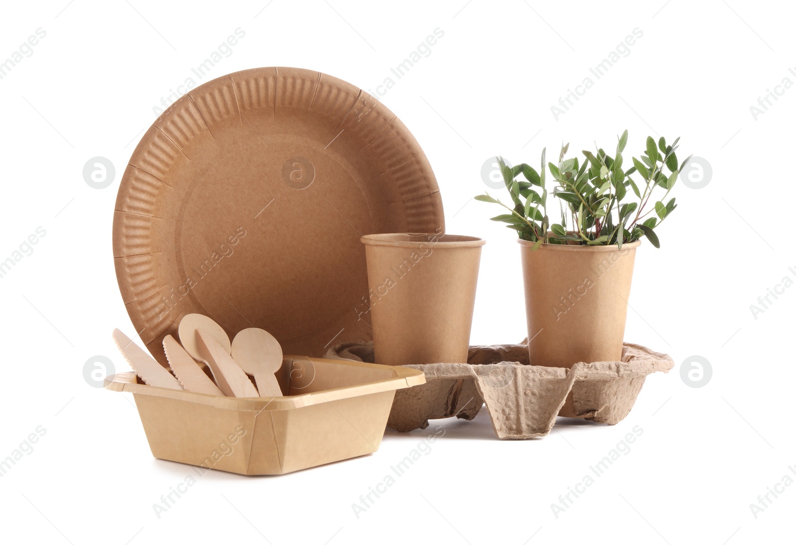 Photo of Eco friendly food packagings, tableware and twigs isolated on white