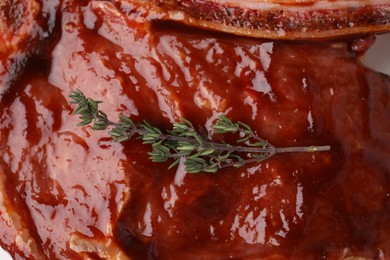 Photo of Raw marinated meat with thyme as background, closeup
