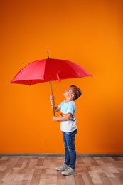 Little boy with red umbrella near color wall