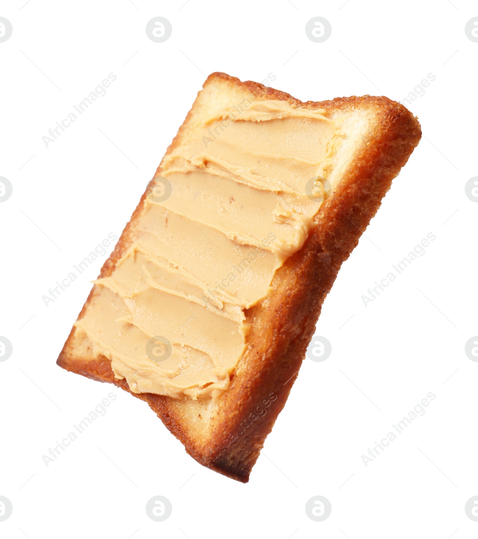 Photo of Piece of toasted bread with peanut butter isolated on white