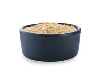 Photo of Aromatic mustard powder in bowl on white background