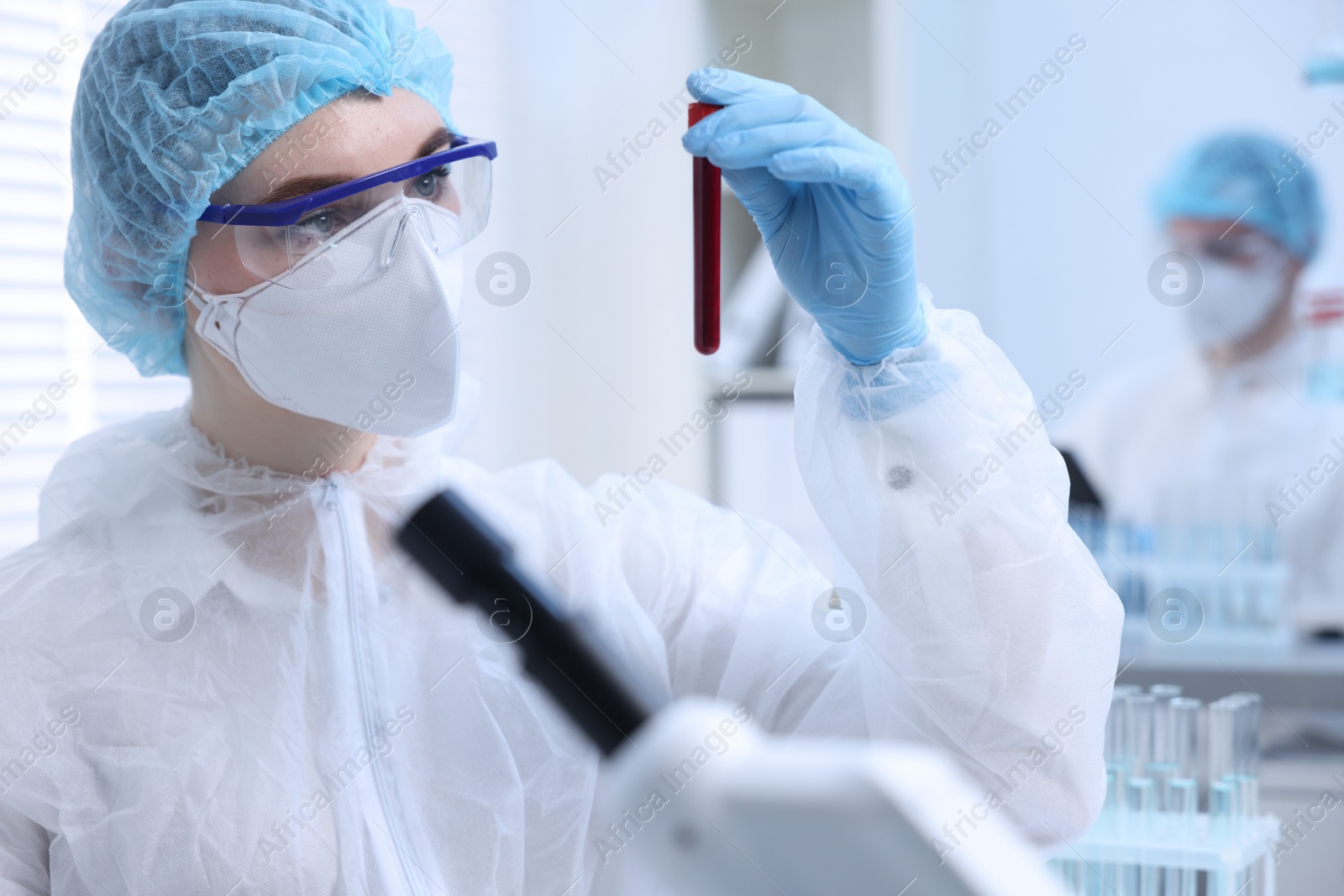 Photo of Scientist working with sample in test tube in laboratory