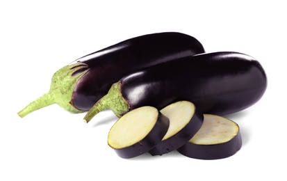 Photo of Tasty raw ripe eggplants on white background