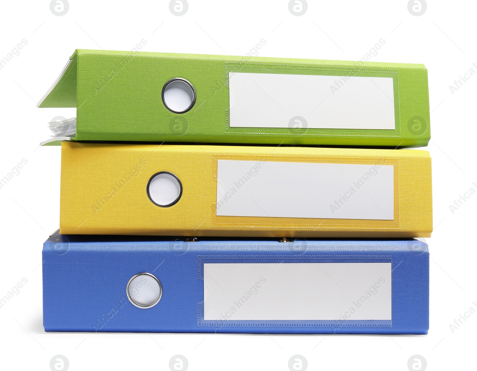 Photo of Many bright office folders isolated on white