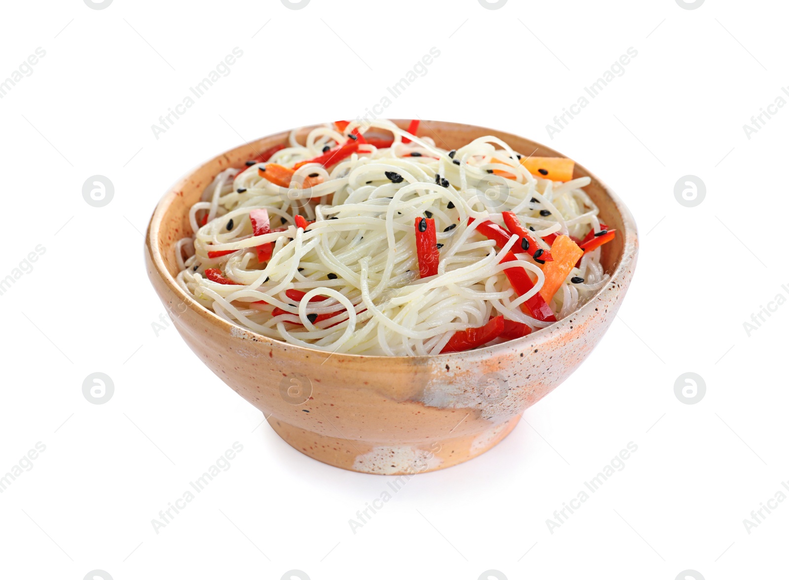 Photo of Bowl of delicious noodles with vegetables isolated on white