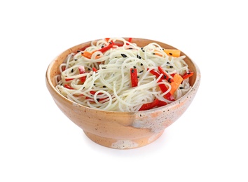 Bowl of delicious noodles with vegetables isolated on white