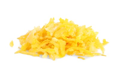 Photo of Fresh grated lemon zest on white background