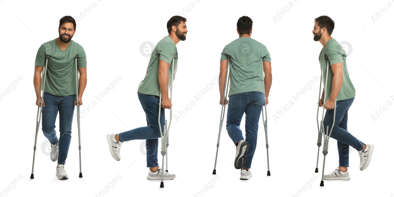 Image of Young man with axillary crutches on white background, collage. Banner design