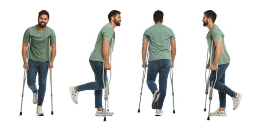 Image of Young man with axillary crutches on white background, collage. Banner design