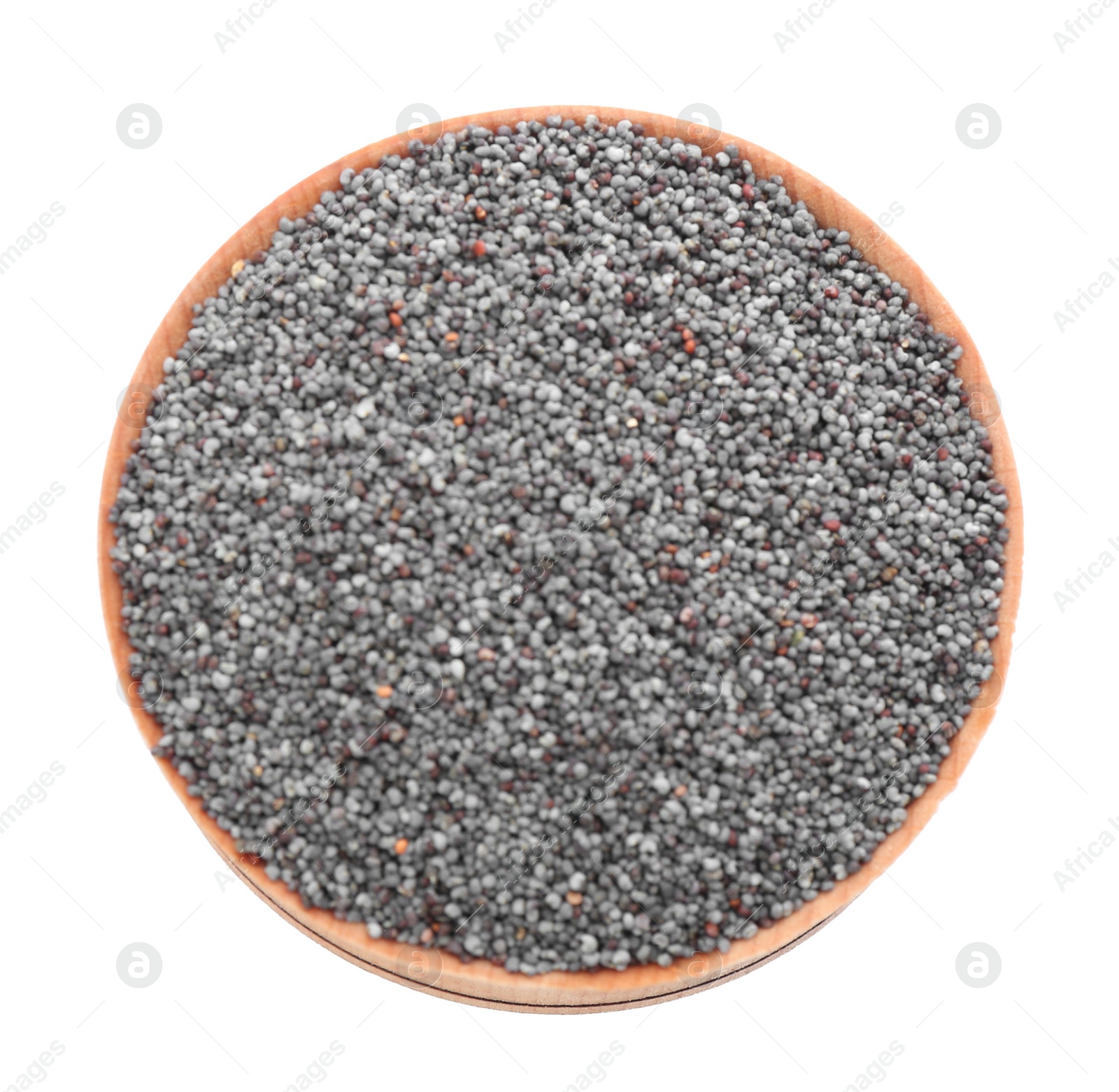 Photo of Poppy seeds in bowl isolated on white, top view