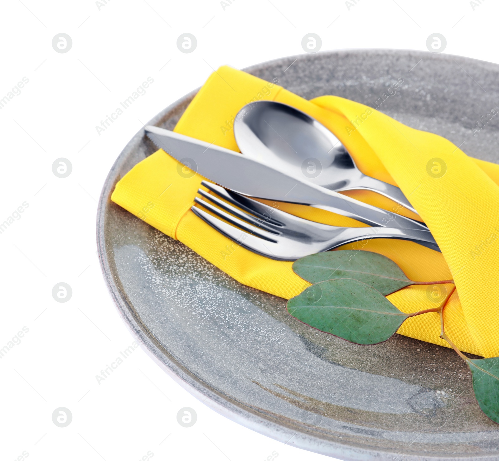 Photo of Plate with cutlery and napkin on white background, closeup. Space for text