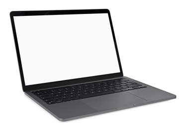 Photo of Modern laptop with blank screen isolated on white