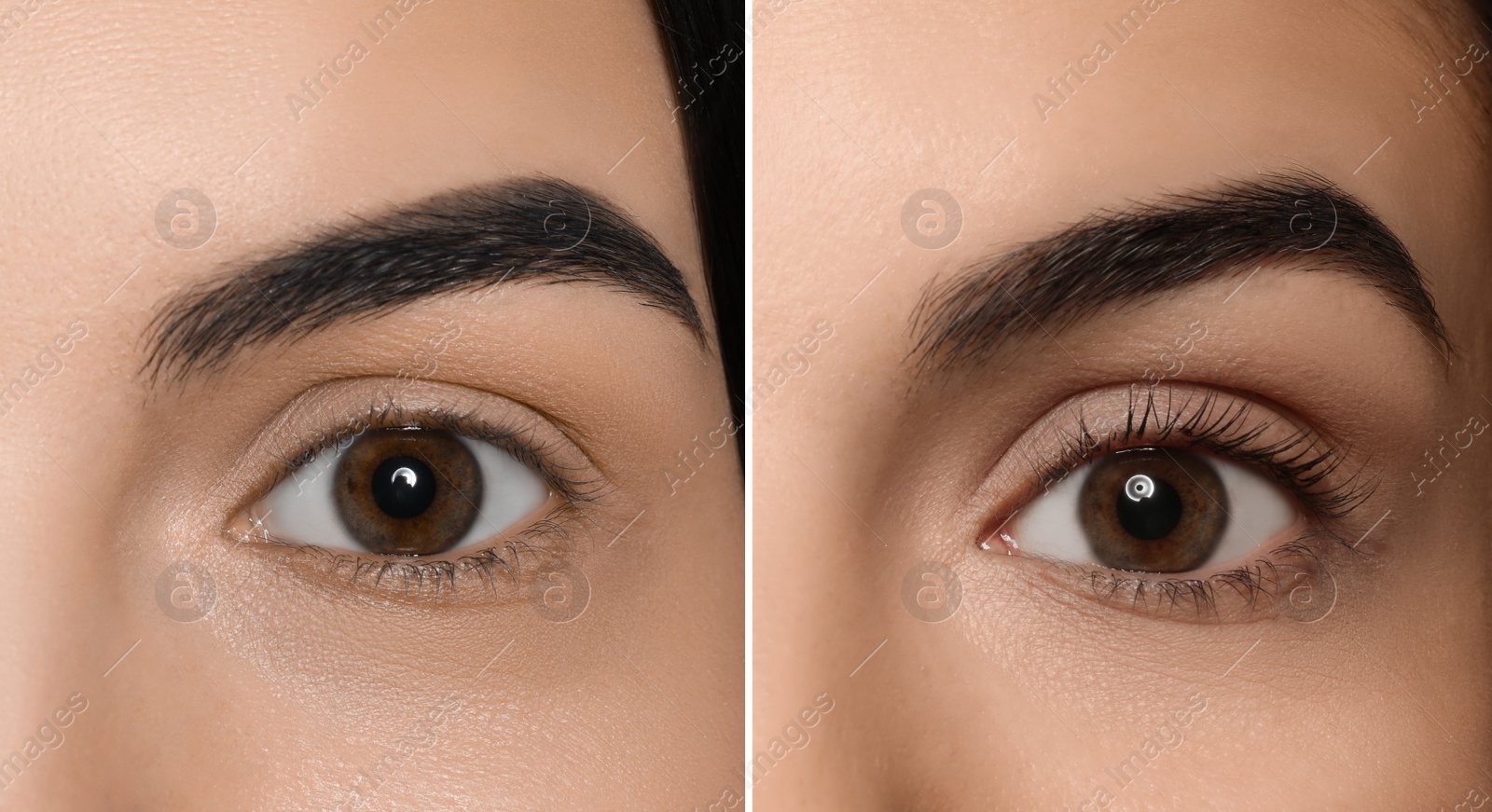 Image of Collage with photos of woman before and after eyelash lamination procedure, closeup. Banner design