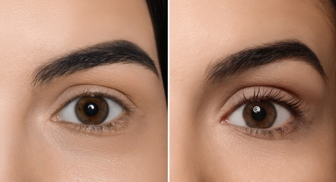 Image of Collage with photos of woman before and after eyelash lamination procedure, closeup. Banner design