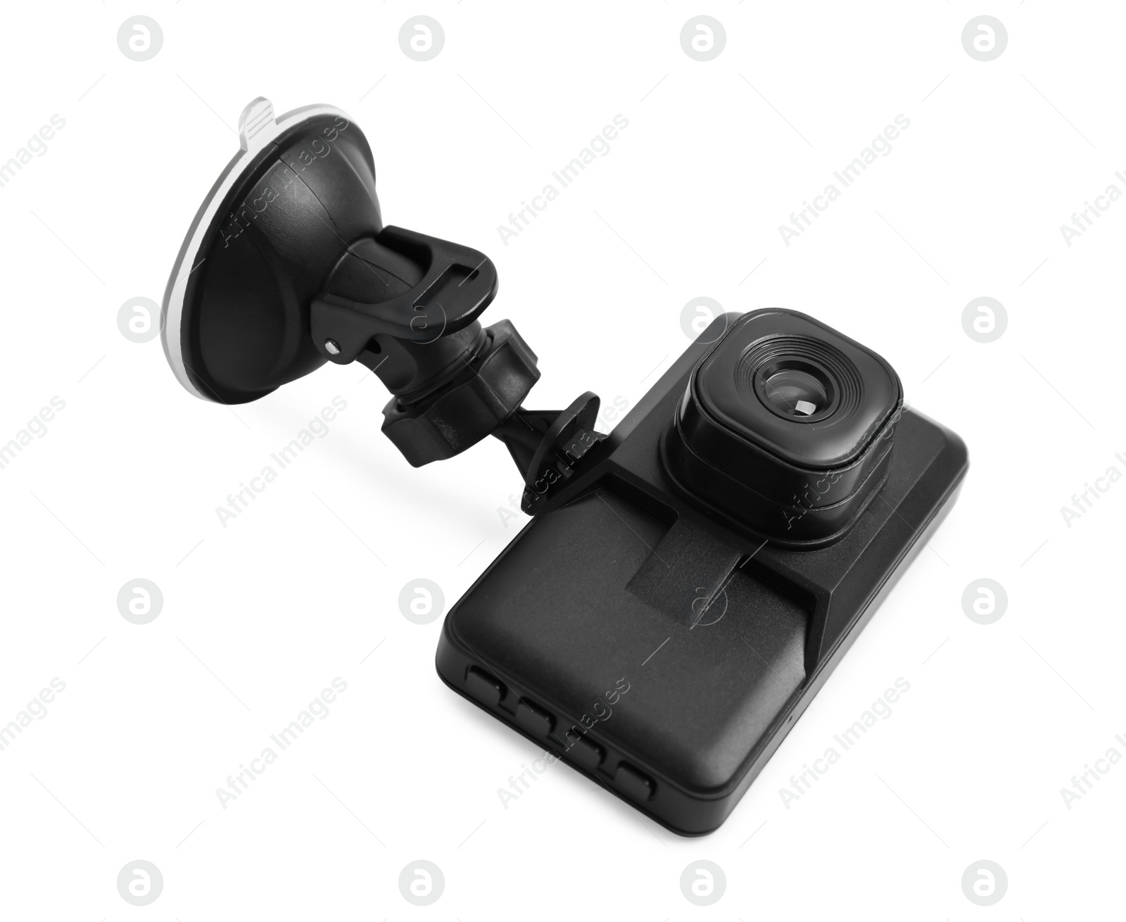 Photo of Modern car dashboard camera with suction mount isolated on white