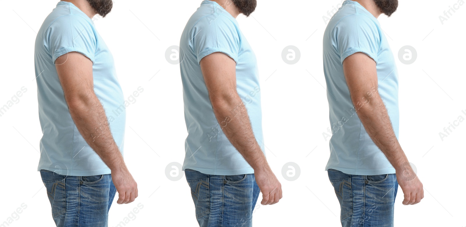 Image of Collage with photos of overweight man before and after weight loss on white background,closeup. Banner design 