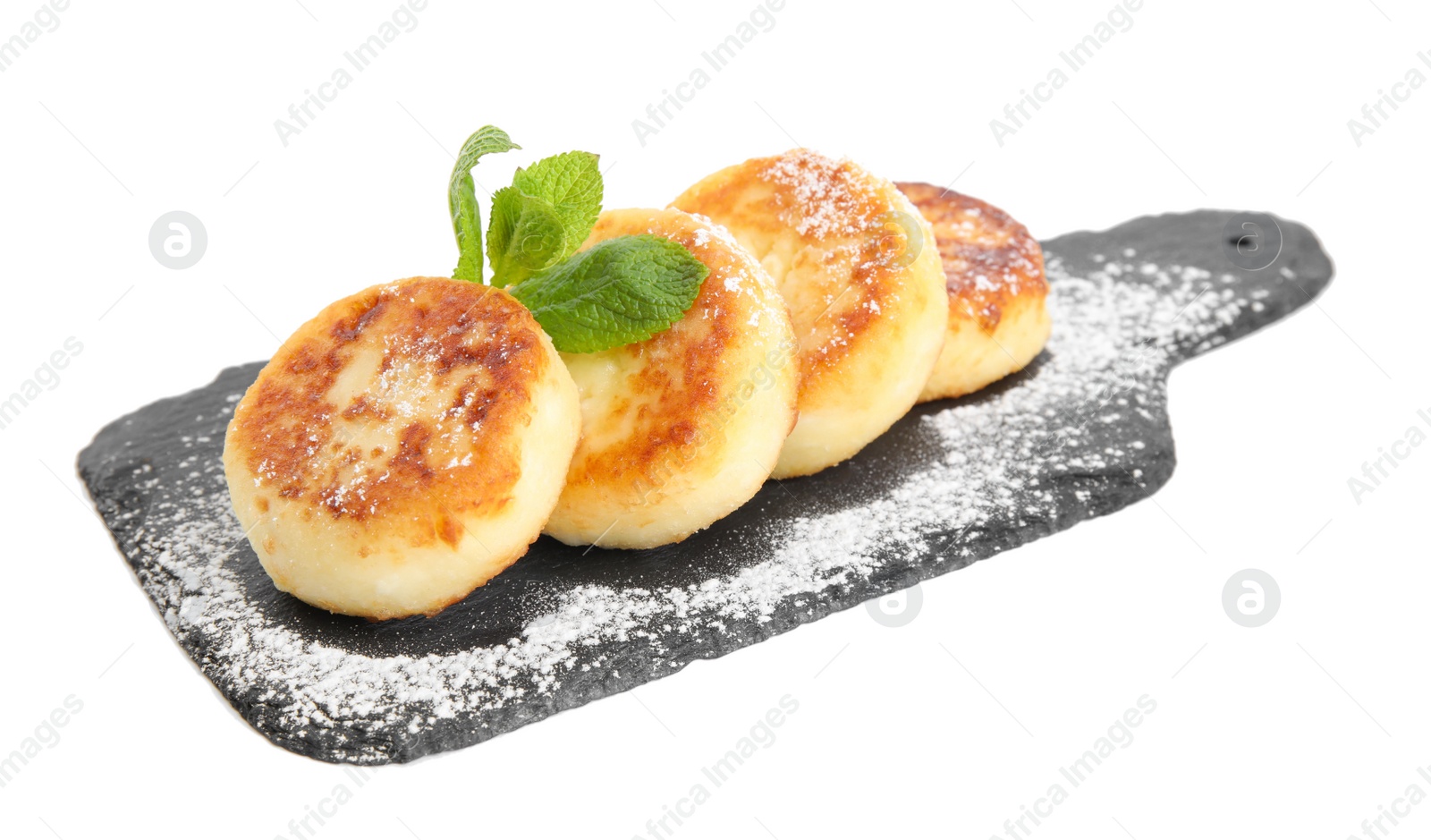 Photo of Delicious cottage cheese pancakes with mint and icing sugar isolated on white