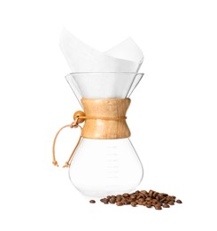 Photo of Glass chemex coffeemaker with paper coffee filter and beans isolated on white