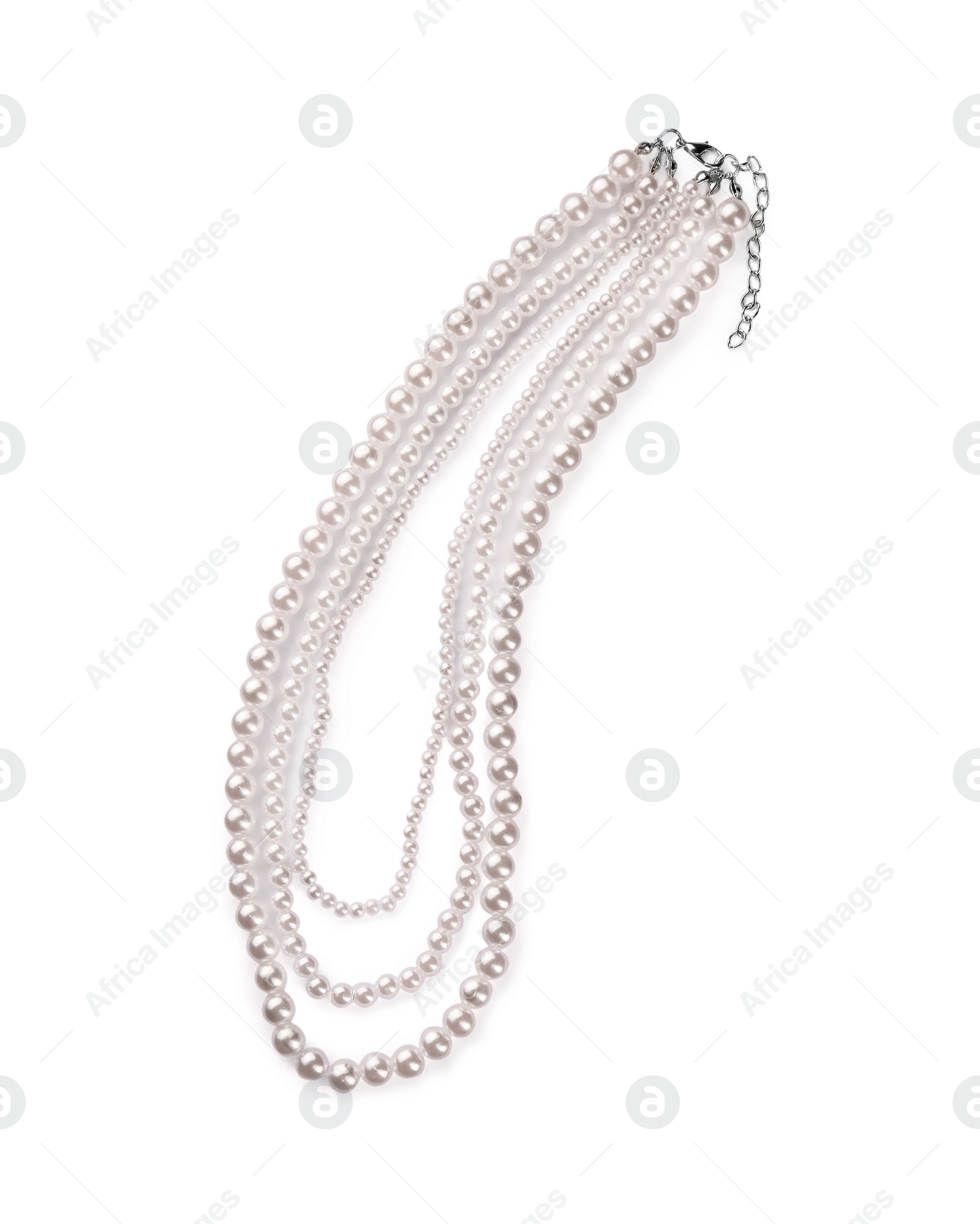 Photo of Elegant pearl necklace isolated on white, top view