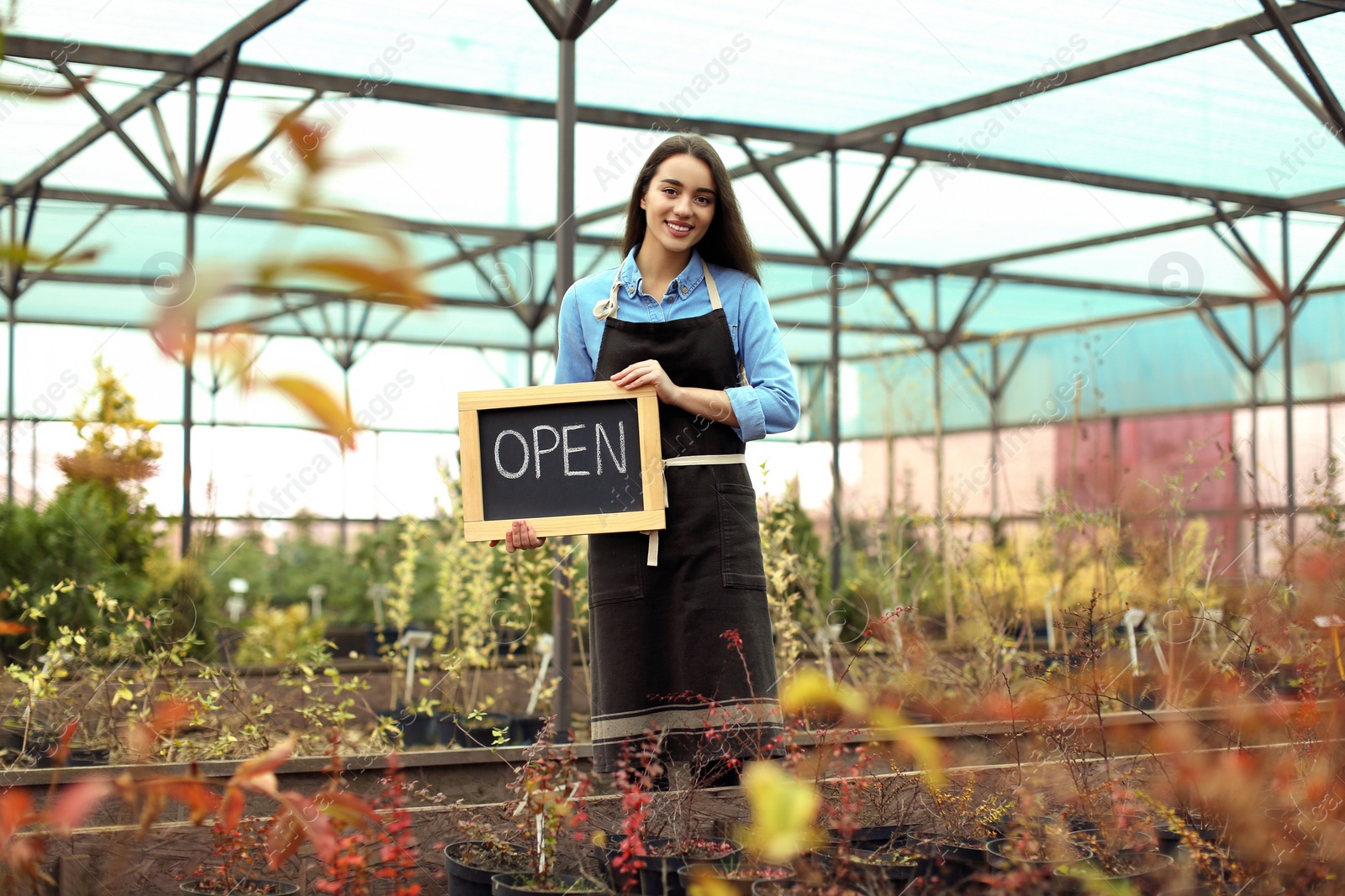 Photo of Female business owner holding OPEN sign in greenhouse