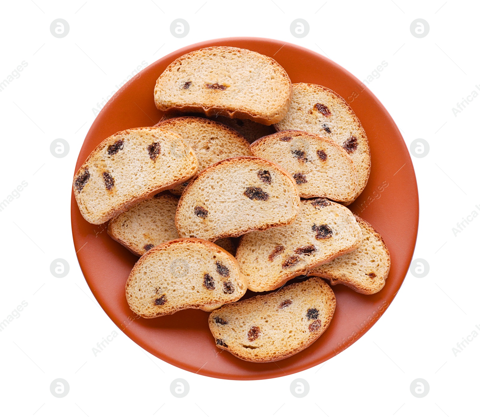 Photo of Plate of sweet hard chuck crackers with raisins on white background, top view