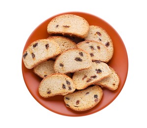 Photo of Plate of sweet hard chuck crackers with raisins on white background, top view