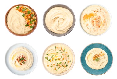 Image of Set with tasty hummus on white background, top view