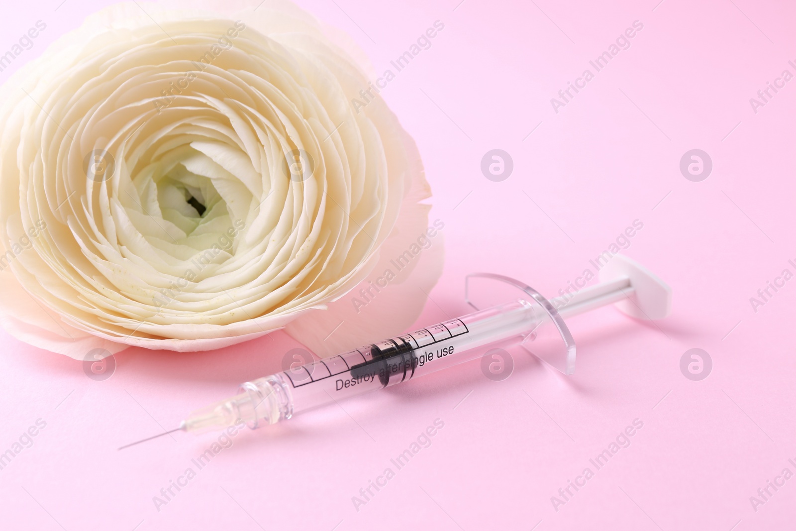 Photo of Cosmetology. Medical syringe and ranunculus flower on pink background