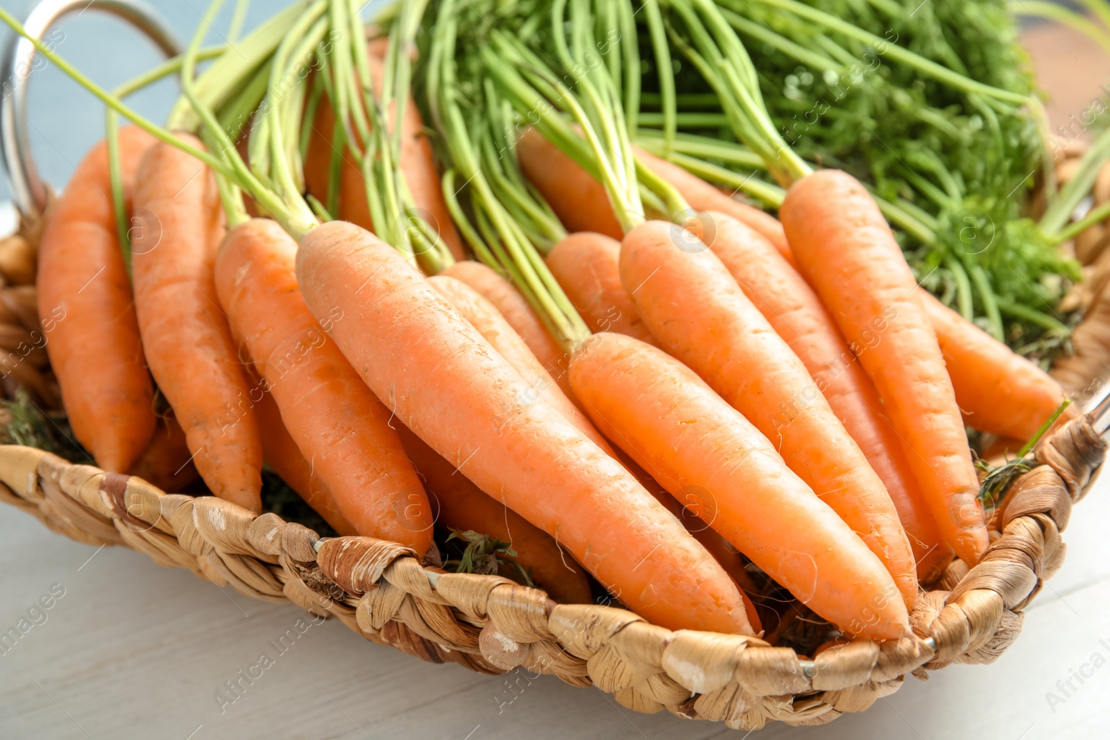 Photo of Wicker tray with ripe carrots on table, closeup